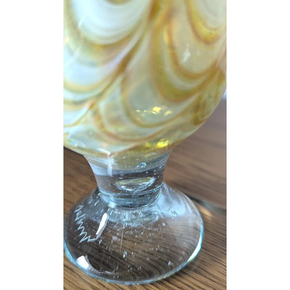 Vintage Hand Blown Amber White Swirl Art Glass Bud Vase Controlled Bubble Signed